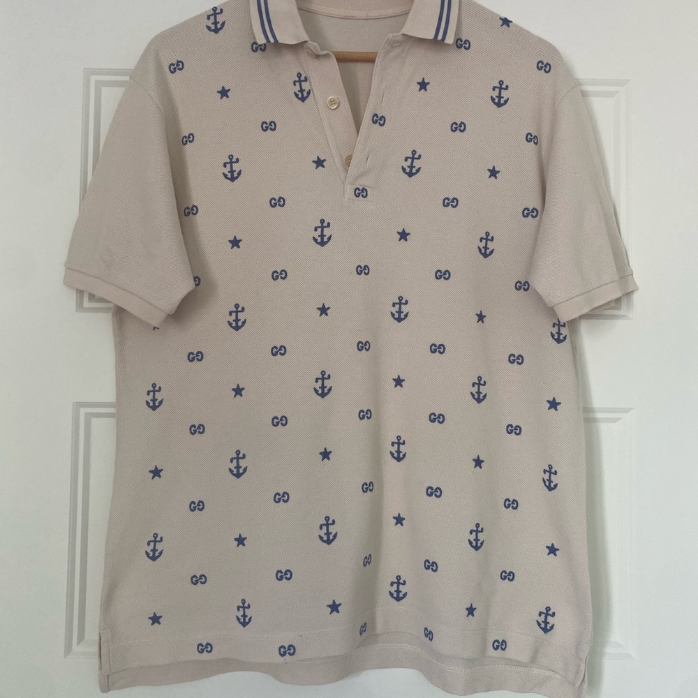 Gucci Men's Beige Polo Shirt with Blue Nautical Print